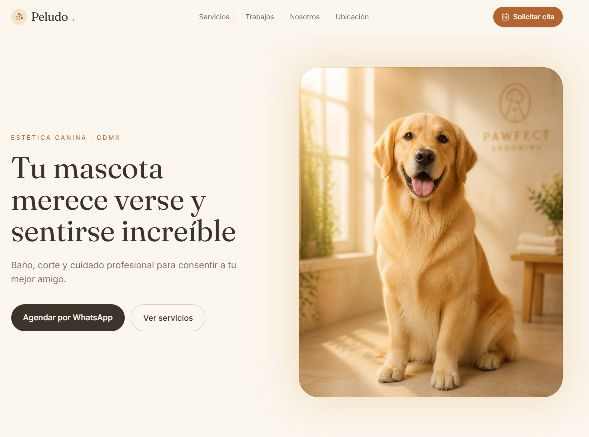 Página principal de Peluditos Estética Canina con la sección hero, el perro dorado y los botones de acción